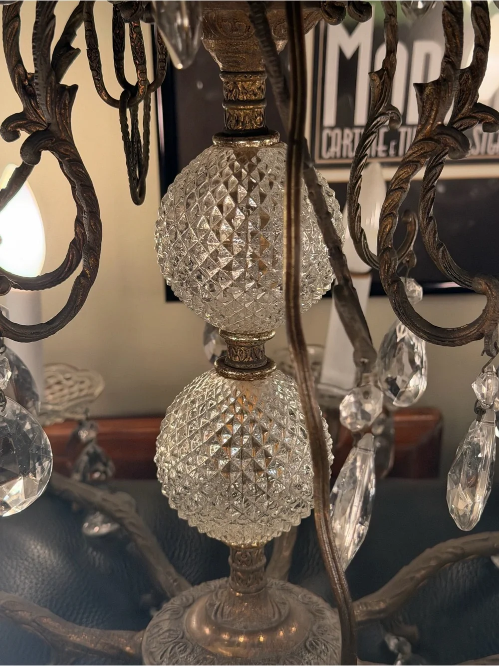 Antique Spanish Revival Brass 8 arm chandelier with leaded glass crystal prisms